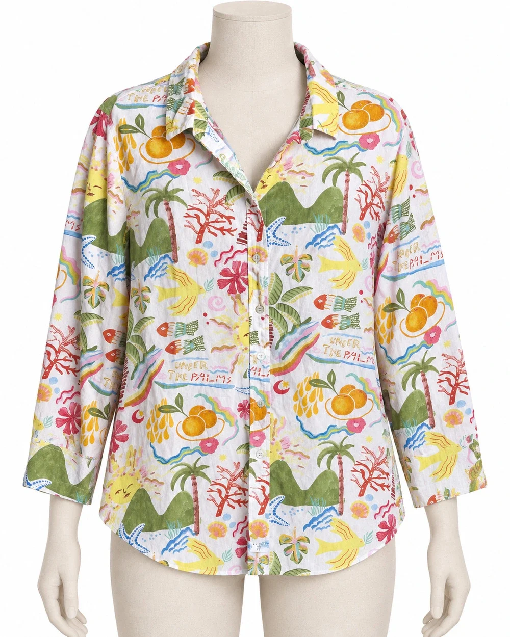 Vintage Calypso Shirt Women XL Linen Blend All Over Print Beachy Tropical Travel